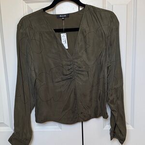 Madewell Olive Ruched V-Neck Blouse with Subtle Floral Outline
